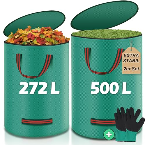 Miaglury 272L & 500L Gartenabfallsack Stabil mit Deckel & inkl. Handschuhe - Gartensack Laubsack Groß, Reißfest & Wasserdicht, Wiederverwendbar & Faltbar für Rasenschnitt, Laub und Grünschnitt, Grün