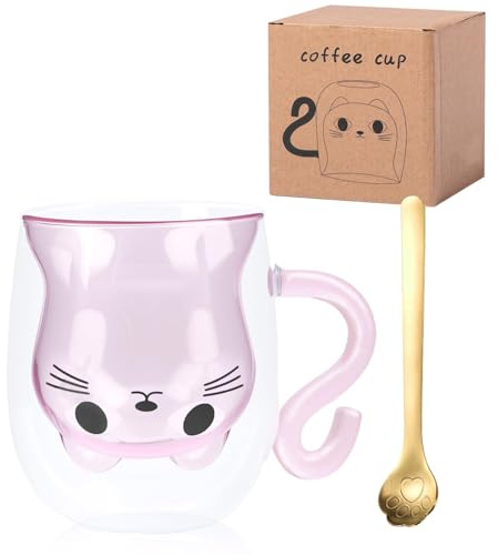 Makone Cat Cup1 Cat Mug Double Walled Glass Mugs with A Gold Spoon,300ml Cute Mug Coffee Mike Tea Cups,Birthday Valentines Mothers Day Easter Christmas Gifts for Women Children Wife Mum Girlfriend