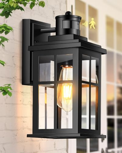 OPAXIS Motion Sensor Outdoor Wall Light, Black Outdoor Wall Lantern, Waterproof Outside Lights Mains Powered, 100% Aluminum Porch Light Dusk to Dawn, Anti-Rust Exterior PIR Light Wall Mount for Garage