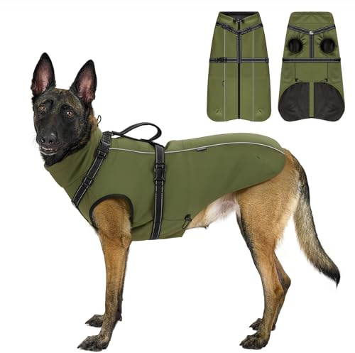 OneTigris Hundejacke, Wasserdichter Winterweste Jacken Hundemantel Mit Bediengriff, Bequeme Ausscheidung, Reißverschluss und Elastisches Design, Einfaches An-und Ausziehen, Reflektierend,XL,Armeegrün