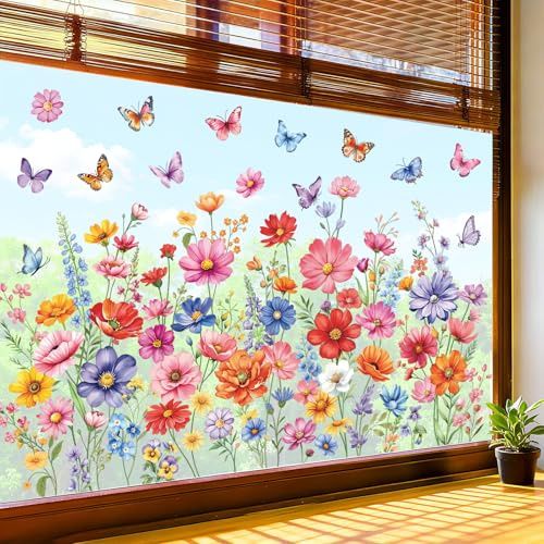 decalmile Autocollants Fenêtre Fleurs de Jardin Colorée Stickers Fleurs | Anti-Collision, Electrostatique pour Verre, Impression Recto-verso, Les Deux Côtés Bien Visibles, Imperméable, Amovible