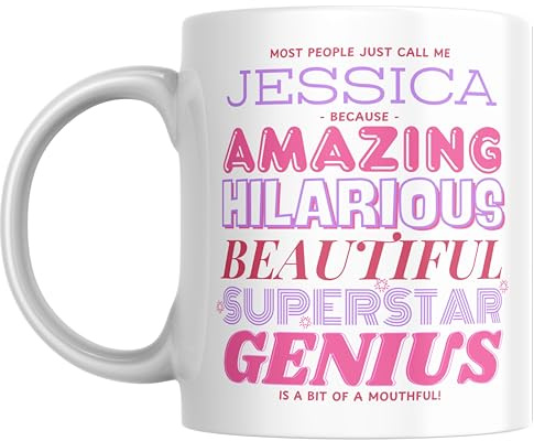 Designs of note! Jessica Personalised Ceramic Mug | “Most People Just Call Me Jessica” Funny Novelty Name Mug for Her | Light-Hearted Gift for Women or Girls (Pink)