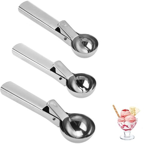 3 PCS Ice Cream Scoop with Trigger, Ice Cream Scoop in Large Medium Small Sizes, Icecream Scoop with Release, for Ice Cream Cookie Dough and Meatballs, Easy Release Mechanism