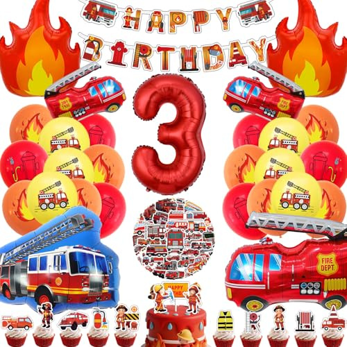 Feuerwehr Ballons 3. Geburtstag, Happy Birthday Banner | Roter 40-Zoll-Zahlenballon 3, rote und blaue Feuerwehr-Ballons, Flammen-Ballons, Latexballons, Sticker und Kuchendeko