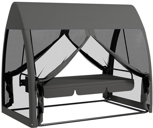Outsunny 2 in 1 Dondolo da Giardino 3 Posti Convertibile in Letto, Grigio | Dondolo da Esterno, Copertura Anti UV30+, Tasca Laterale, Zanzariera con Cerniera, Portata fino a 300 kg, 240x140x197cm