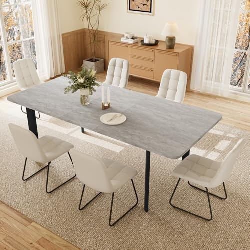 JIEXI Esstisch Mit 4-8 Stühlen Set, Essgruppe Tisch Ausziehbar, Stilvoller Moderner MDF-Platten Esstisch Für Das Wohnzimmer(160–200 cm Grauer Tisch + 6 beige Stühle aus PU-Leder mit U-förmigen)