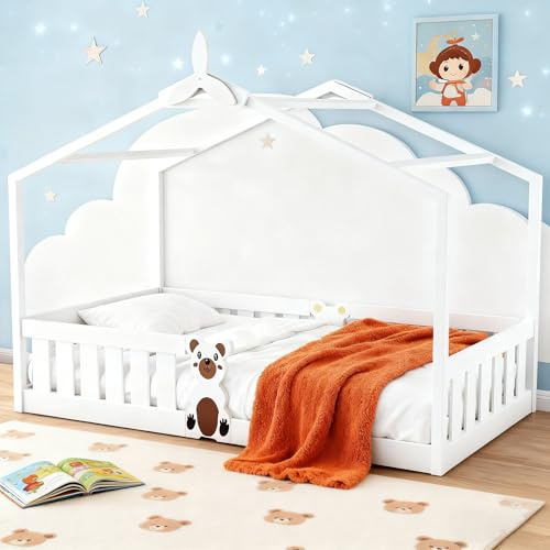 MINENICE Bodenbett mit Baldachin,Kinderbett 95x205 cm, bis 200 kg belastbar, Rausfallschutz abnehmbar,Montessori Kinderbett aus Kiefer Massivholz inkl. Roll-Lattenrost（Weiß）