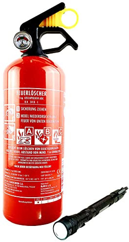 EXDINGER Feuerlöscher Pulver ABC 1kg Manometer + Halterung + Teleskop-Taschenlampe mit Gurtschneider Autoset (GP-1X Autofeuerlöscher fabrikfrisch)