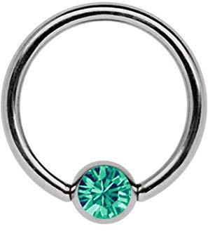 Titan Ring in 1,2 x 12 mm als Lippenbändchen Piercing mit flachem Stein in 3 mm Ø, grün-türkis