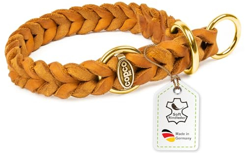 CopcoPet Hundehalsband Würger 55–60 cm x 20mm Cognac – Geflochtenes Halsband mit Zugstopp & Messing Ring – Aus robustem Fettleder – Für große Hunde – Weiches Lederhalsband fürs Training