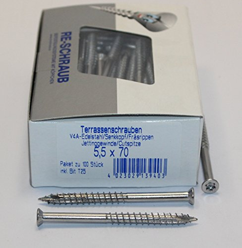 RE-SCHRAUB 5,5 x 70 mm Edelstahl A4 Torx TX 25 Terrassenschrauben rostfrei V4A von 100-1000 Stück wählbar (100)