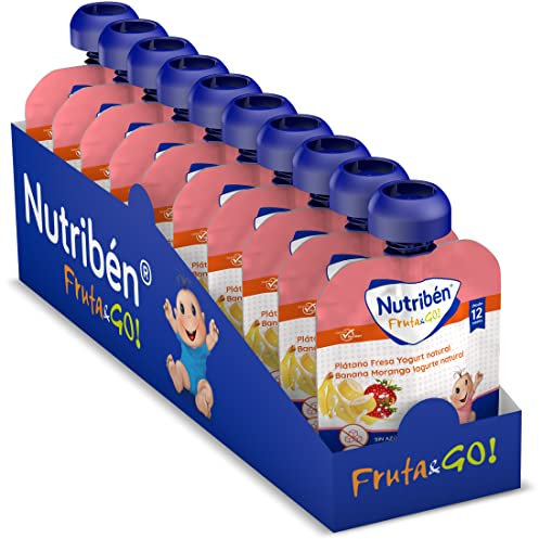 Nutribén Fruta And Go | Bolsita de puré de Frutas 100% Natural, Plátano Fresa y Yogurt Natural- Pack De 10 unidades x 90g