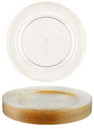 MATANA 25 Platos de Postre de Plástico Duro Transparente con Purpurina Dorados, 19cm - Elegantes, Resistentes y Reutilizables - Platos Pequeños para Bodas, Cumpleaños, Barbacoas, Fiestas