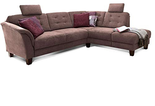 CAVADORE Ecksofa Trond mit Ottomane rechts/Federkern-Sofa im Landhausstil mit 2 Kopfstützen und Vorziehsitz mit Bettkasten / 260 x 89 x 214 / Webstoff braun