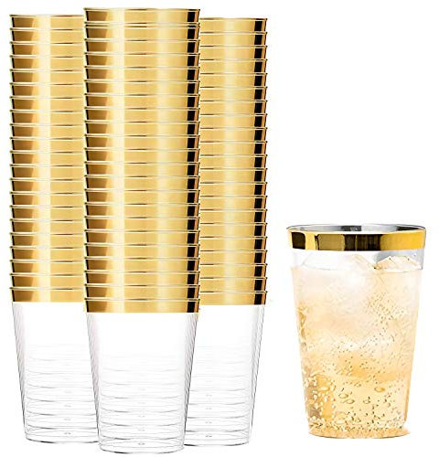 Tebery 100 Pack 12oz Gold Rimmed Plastic Cups, 360ml Clear Crystal Plastic Tumblers Cup, Resuable Plastic Shot Glasses, Wedding Cups Elegant Party Cup