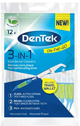 DenTek 3-in 1 Interdental Cleaners - Features an Interdental Brush, Floss and Pick All in One, 12 Pack