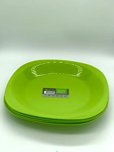 ECO 4 Pc Unbreakable Flat 23 x 23 cm Green Round Plastic Plates | Medium Bright Flat Kids Plates | Stackable Plastic Plates Reusable for Birthdays, Picnic, BBQ & Parties (Green, Medium)