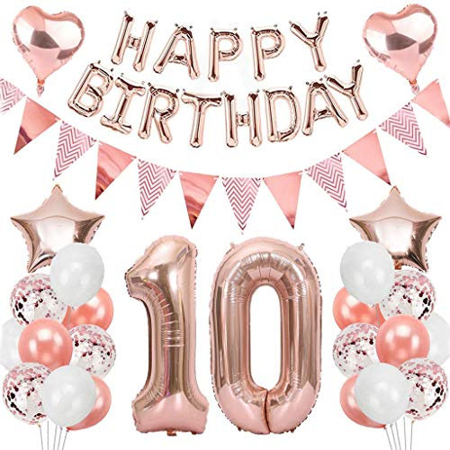 Ouceanwin Geburtstagsdeko 10 Jahre Mädchen, Rosegold Luftballon 10. Geburtstag Deko Set, Folienballon Zahl 10, Helium Ballon Happy Birthday Girlande für 10. Geburtstag Kinder Party Deko