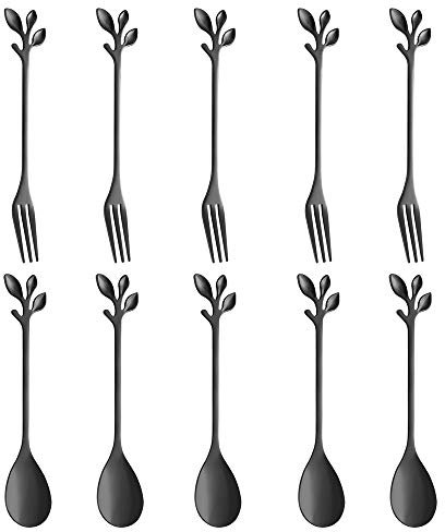 AnSaw Mini-Löffel und Gabeln, 11,9 cm, Edelstahl, Blattgriff, ideal für Kaffee, Tee, Vorspeisen, Verkostungen, Partys, Charcuterie und Cocktails, Schwarz, 10-teilig