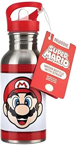 Super Mario Paladone Metall-Trinkflasche mit Strohhalm - Offiziell lizenziertes Nintendo Edelstahl-Getränkflasche, Geschenk für Retro-Gamer, 450 ml (16 Fl Oz), Rot