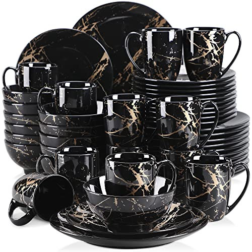 LOVECASA 'Daphne', 48 Pieces Porcelain Dinner Set Color Glaze with Gold Plate Crockery Set Kitchen Dinnerware Set with Dinner Plates, Dessert Plate, Bowls and Mugs, Service for 12, Black