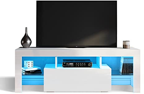 SONNI Mueble TV con Luz LED,Mesa TV Blanco BrilloSalón para TV Estantes de Cristal Templado y Puerta Abatible 130 cm