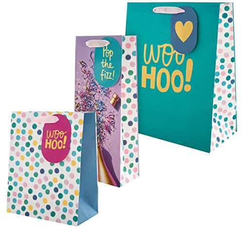 Hallmark Gift Bags, Pack of 3 in Medium, Large and Bottle sizes, 3 Bright Multicoloured Designs, Birthday, Celebration, Congratulations, Anniversary, Green, Pink, White, Yellow
