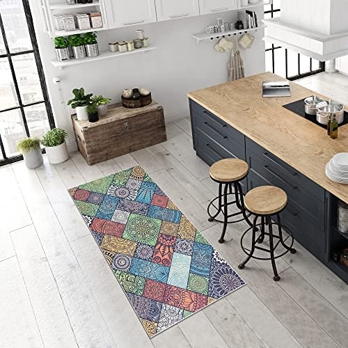 Pasha Home Küchenteppich 80x300 cm Bohemia bunt/Küchenläufer waschbar bei 30°C/Küchenläufer rutschfest und pflegeleicht/Teppich für Küche, Flur, Schlaf- oder Wohnzimmer