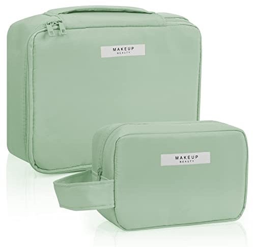 2Pcs Makeup Bag Travel Makeup Bag Waterproof Cosmetic Bag Portable Makeup Organizer Bag for Women Girls(Green)