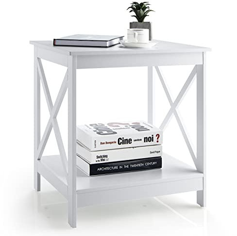 COSTWAY Bedside Table, 2/3-Tier Nightstand Sofa Side End Table with Storage Shelf, Modern Wooden X-Shaped Coffee Snack Table for Living Room, Bedroom and Office (White, 2 Tiers: 51 x 45 x 57cm)