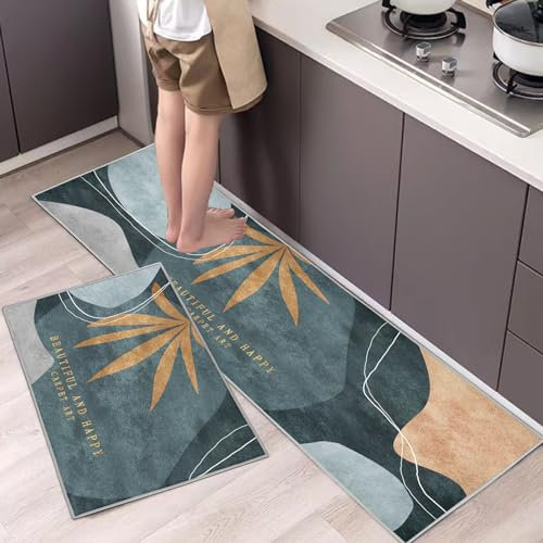 Hoimlm Lot de 2 Tapis de Cuisine antidérapants, Absorbe l'eau et l'huile, Résistant à la poussière Tapis de Cuisine,Tapis de Sol pour l'intérieur (Feuille d'érable, 43 x 75 + 43 x 150 cm)