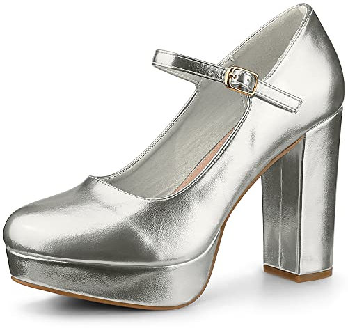 Perphy Platform Mary Janes Chunky Heels Pumps for Women Silver 6 UK/Label Size 8 US