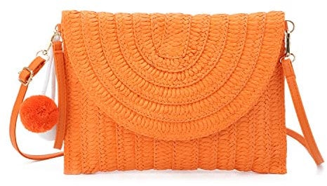 Syrads Sac à main d'embrayage de soirée en paille pour femme Sac à main de plage d'été Sac d'enveloppe tissé en paille,Orange C