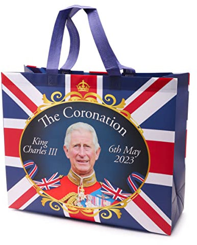 Toyland® King Charles III Union Jack Coronation Wiederverwendbare wasserdichte Einkaufstasche 42 x 34 cm – Kings Coronation Zubehör - Britische Souvenirs