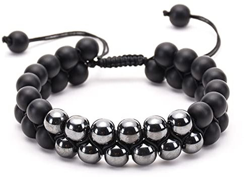 Lavaperlen Armband Damen, Damen Armband Schwarz Lavastein Zweireihig mit Buntem Steingeflecht Verstellbar Perlenarmbänder 19cmx8mm