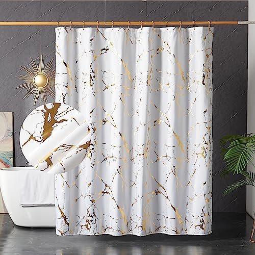 HYAWGE Weißer und Goldener Marmor-Duschvorhang für Badezimmer, Glitzer-Duschvorhang mit Haken, einzigartiger Folien-Golddruck, wasserdicht, waschbar, Stoff-Duschvorhang, Standard 183 x 183 cm