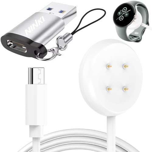 NINKI Charger Stand for Google Pixel Watch 3 41mm/44mm & Pixel Watch 2, Fitbit Versa 4/3/Sense 2, USB-C + USB Adapter, Wireless Charging Compatible, White