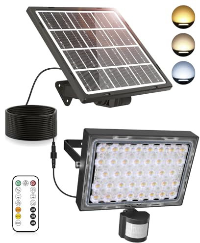 CLY Solarlampen für Außen mit Bewegungsmelder 30W, 2600LM Solarleuchten mit Fernbedienung 6 Modi Solar Aussenleuchte 2500K-6500K 5000mAh Solar Strahler IP66 Wasserdicht 5M Kabel für Garage Garten