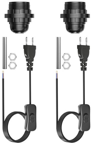 Lamptobe DIY E27 Lampenfassung Kit Für Tischlampen Und Hängelampen E27 Mit Schalter Und Gewindestange,e27 Fassung Mit 1.8M Kabel DIY Lampenfassung-Schwarz 2er Pack