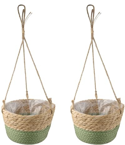 MY MIRONEY 2PCS Hanging Planter Basket Natural Seagrass Woven Plant Pot Hanger Hanging Plant Holder with Twine for Home Decor, Indoor & Outdoor Use, 8.11 x 4.96, Green