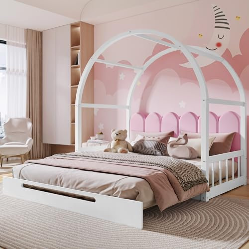 Kinderbett 140x200, Tagesbett Ausziehbar, Hausbett Schiebebett mit Dach, Einzelbett für Mädchen/Jungen, Gästebett mit Lattenrost, Doppelbett aus Kiefernholz, Weiß+Rosa