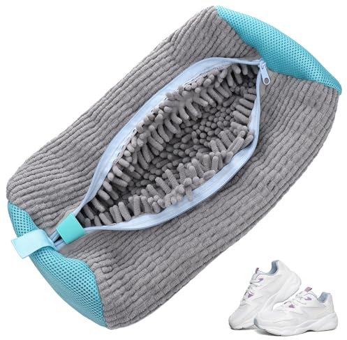 Kssvzz Schuhwaschbeutel Waschmaschine, Wiederverwendbar Schuhbeutel Waschmaschine, Wäschesack Schuhe mit Reißverschluss, Schuhsack Waschmaschine mit 360° Reinigungsflusen für Schuhe (Grau)