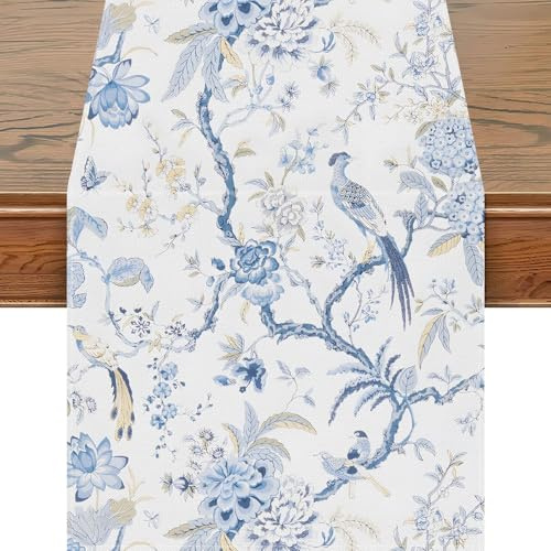 Snylcce 13x72 Zoll Tisch Läufer Blau Weiß Vogel Blume Chinoiserie Tisch Läufer Modern Elegant Luxus Bauernhaus Geometrisch Tisch Center Weiß Leinen Dekor für Home Dining Party Entrance