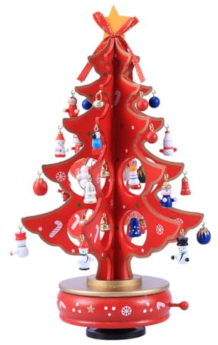 Cabilock Christmas Tree Classic Music Box Wooden Clockwork Design Christmas Tree With Snowman Pendants Miniature Handmade Melody Box Ornaments For Holiday Festival, Red