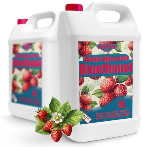 Bioéthanol 96,6 % 10 l | Alcool bio parfum fraise des bois 96,6 % 2 x 5 l | Bioéthanol pour cheminée, cheminée de table | Bioéthanol Parfum fraise des bois | Combustion propre, sans fumée, flamme vive