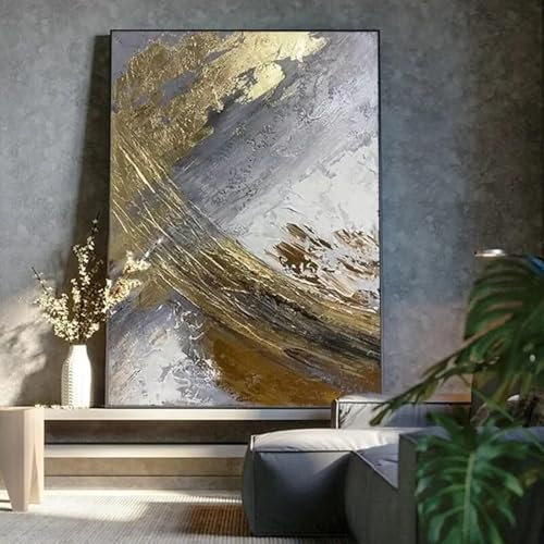 HNKDKJ Übergroßes modernes Bild mit Blattgold, abstraktes Ölgemälde auf Leinwand, Wandkunst für Wohnzimmer, 80 x 125 cm, mit schwarzem Rahmen