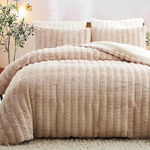 Tospass Plüsch Bettwäsche 135x200 cm Khaki Flauschig Warm Winterbettwäsche Kunstfell Querstreifen Flanell Fleece Cashmere Touch Bettbezug mit Reißverschluss und 1 Kissenbezug 80x80cm