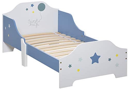 HOMCOM Cama para Niños de +3 Años 143x74x59 cm Cama Infantil de Madera con Estampado con Estrellas Carga 50 kg para Dormitorio Azul y Blanco