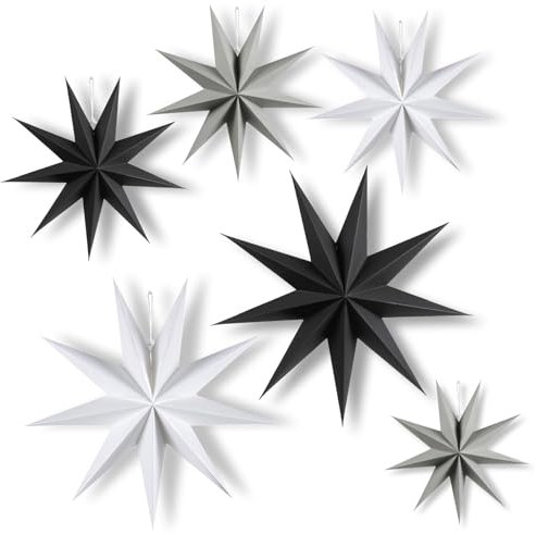 6 Stück Papiersterne Weihnachten,Faltsterne Weihnachten Deko,Braun Papiersterne zum Aufhängen,30cm x3 + 45cm x2+25cm x1,zum Aufhängen für Weihnachtsdeko,Tischdeko,Hochzeit,Zimmer (Schwarz, Weiß, Grau)