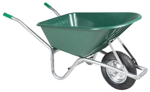 Brokky 4013466 Wheelbarrow Green 90 L 150 kg Galvanised Steel and Plastic Wheelbarrow Heavy Duty Galvanised - Home Garden Cart with Pneumatic Tyre
